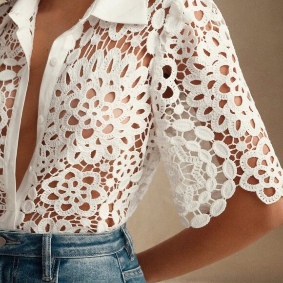 white chic womens Elegant Floral Hollow-Out Lace Blouse - Picture 5 of 8